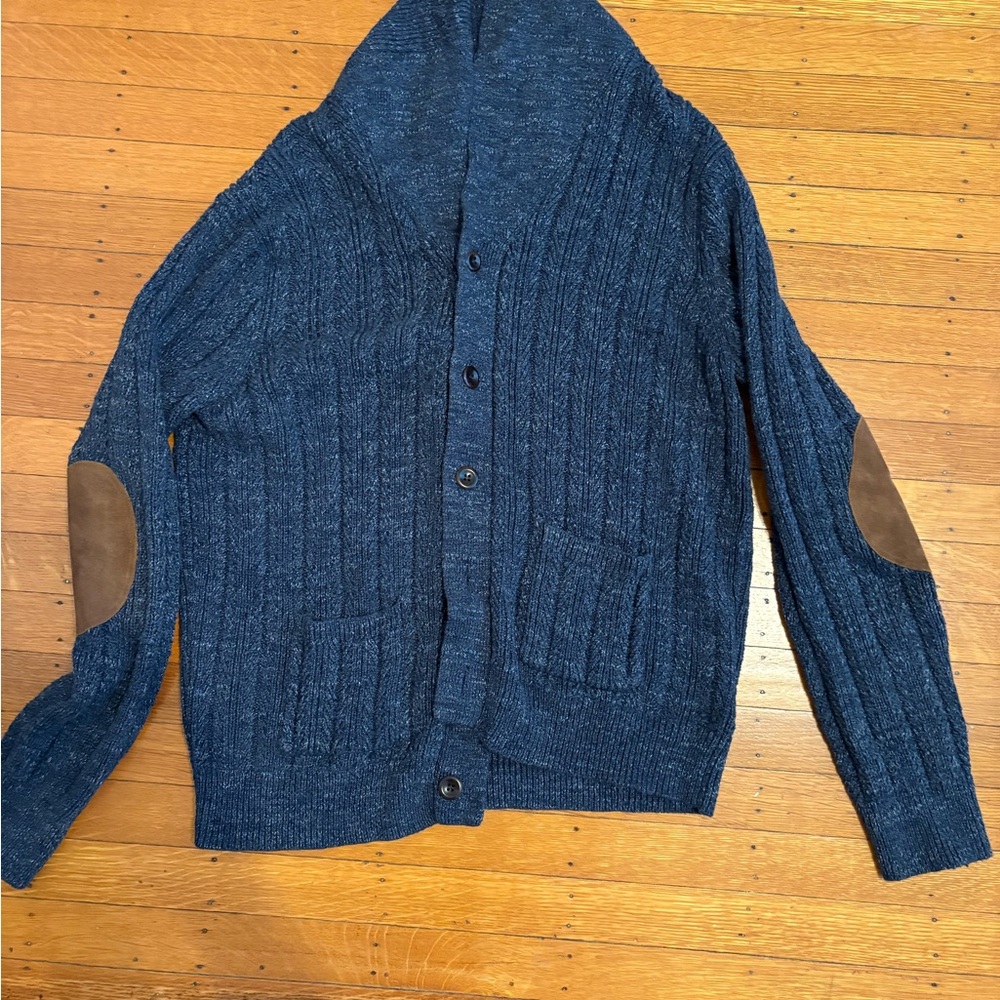 J. Crew Blue Cardigan Sweater with Cable Knit and Elbow Patches